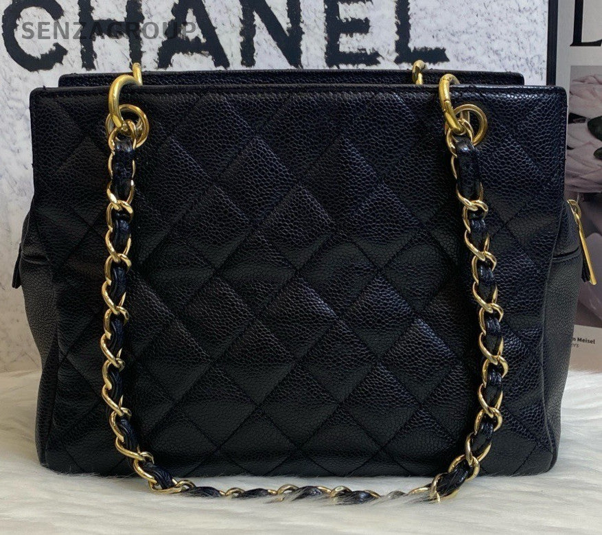 Chanel Diamond Chain Tote Shoulder Bag Black Gold Used Women Classic