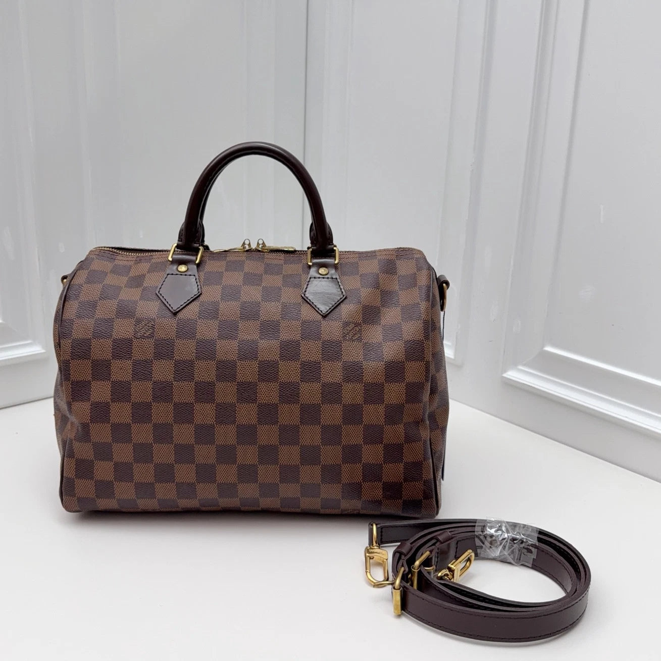 Louis Vuitton Speedy 30 Damier Ebene Top Handle Crossbody Bag Brown Women