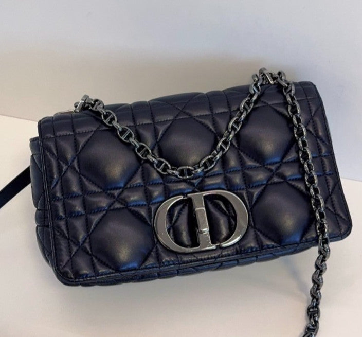 Christian Dior Caro MM Chain Shoulder Bag Crossbody Black Silver Women Classic