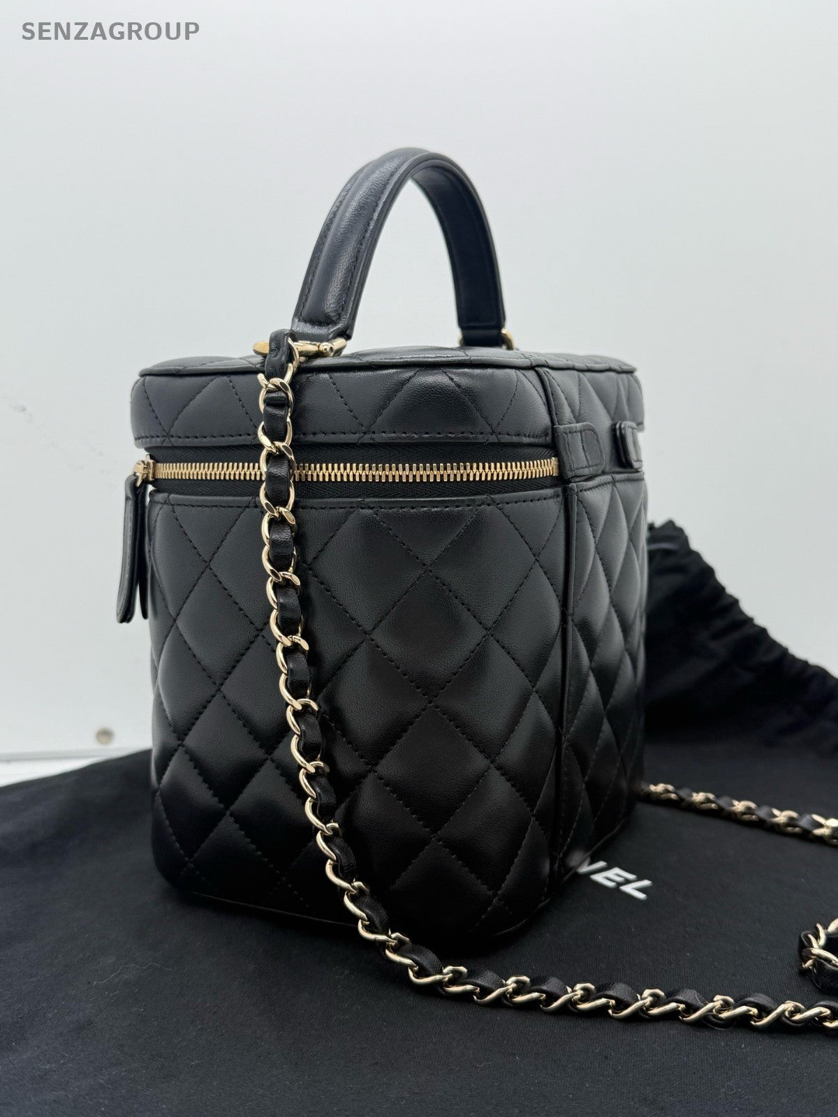 CHANEL Diamond Box Top Handle Lambskin Chain Shoulder Handbag Black Gold Women