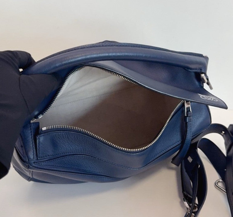 Loewe Puzzle MM Top Handle Shoulder Bag Crossbody Blue Silver Used Women Classic