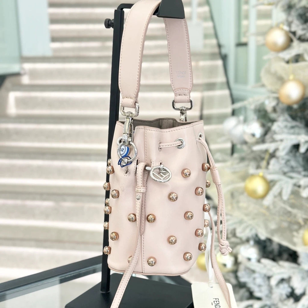Fendi Calfskin PM Bucket Top Handle Shoulder Bag Pink Gold Pearls Women S