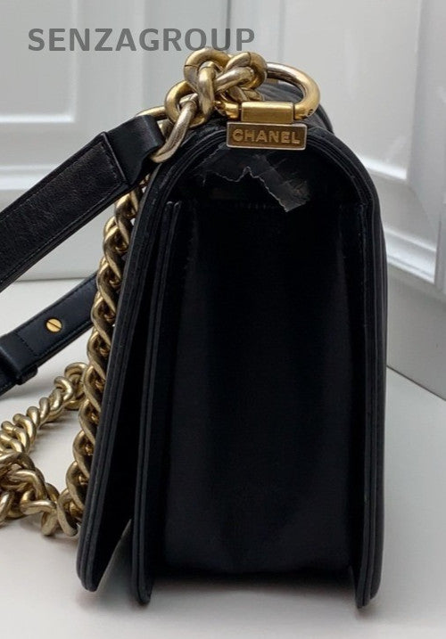 Chanel Leboy Calfskin Chain Shoulder Bag Black Gold Women Classic Designer