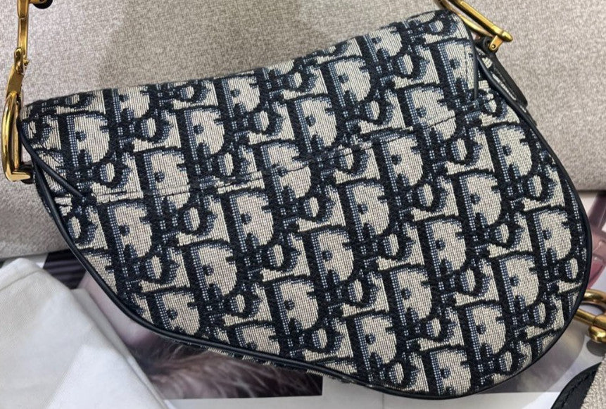 Christian Dior Oblique Saddle PM Shoulder Bag Crossbody Black Gold Women Classic