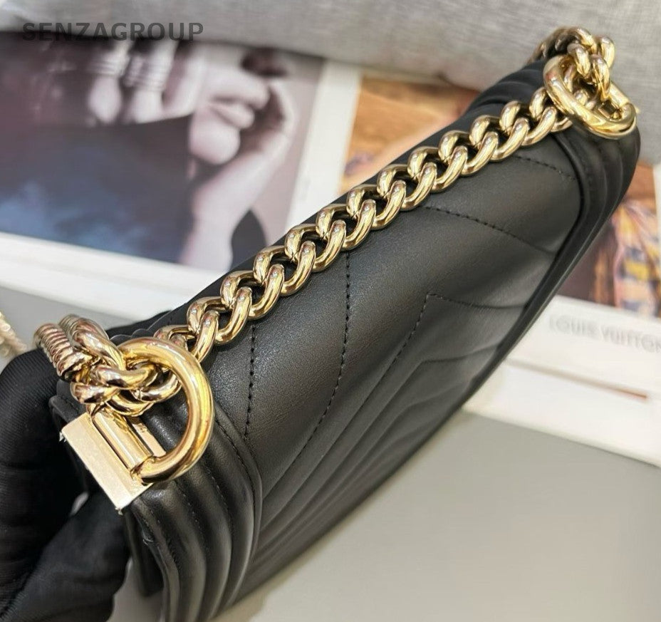 Chanel Leboy Calfskin Chain Crossbody Black Gold Women Classic Designer