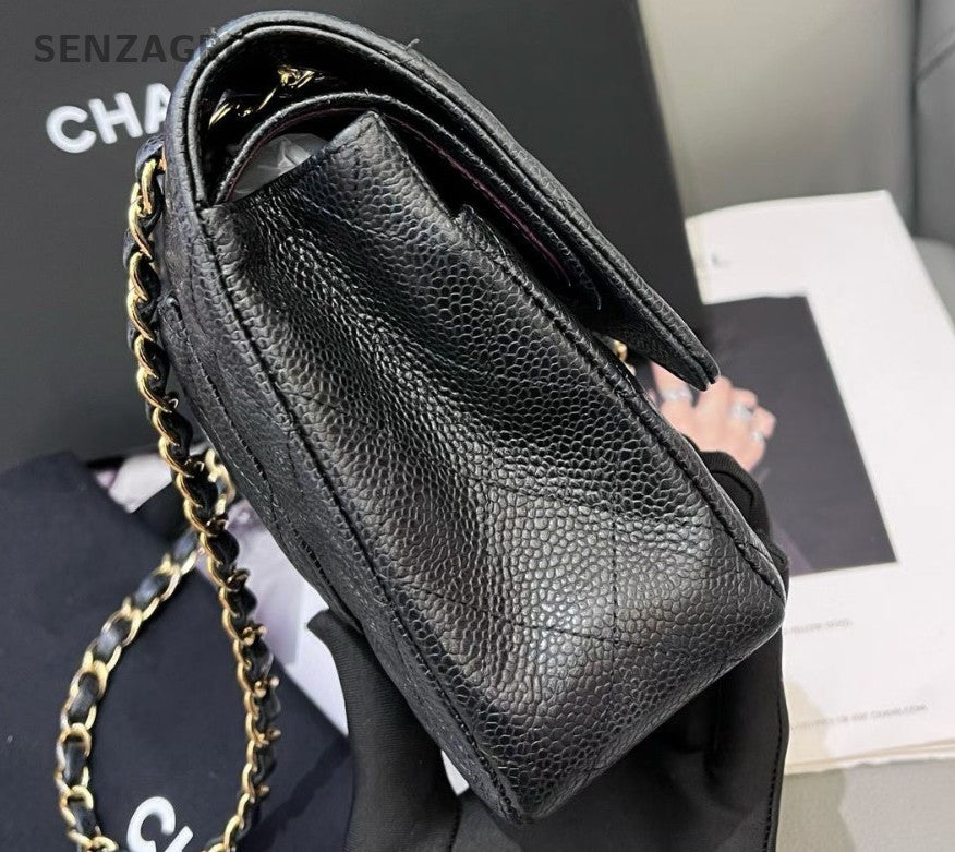 Chanel Classic Flap MM Chain Shoulder Bag Black Gold Diamond Women Fashion