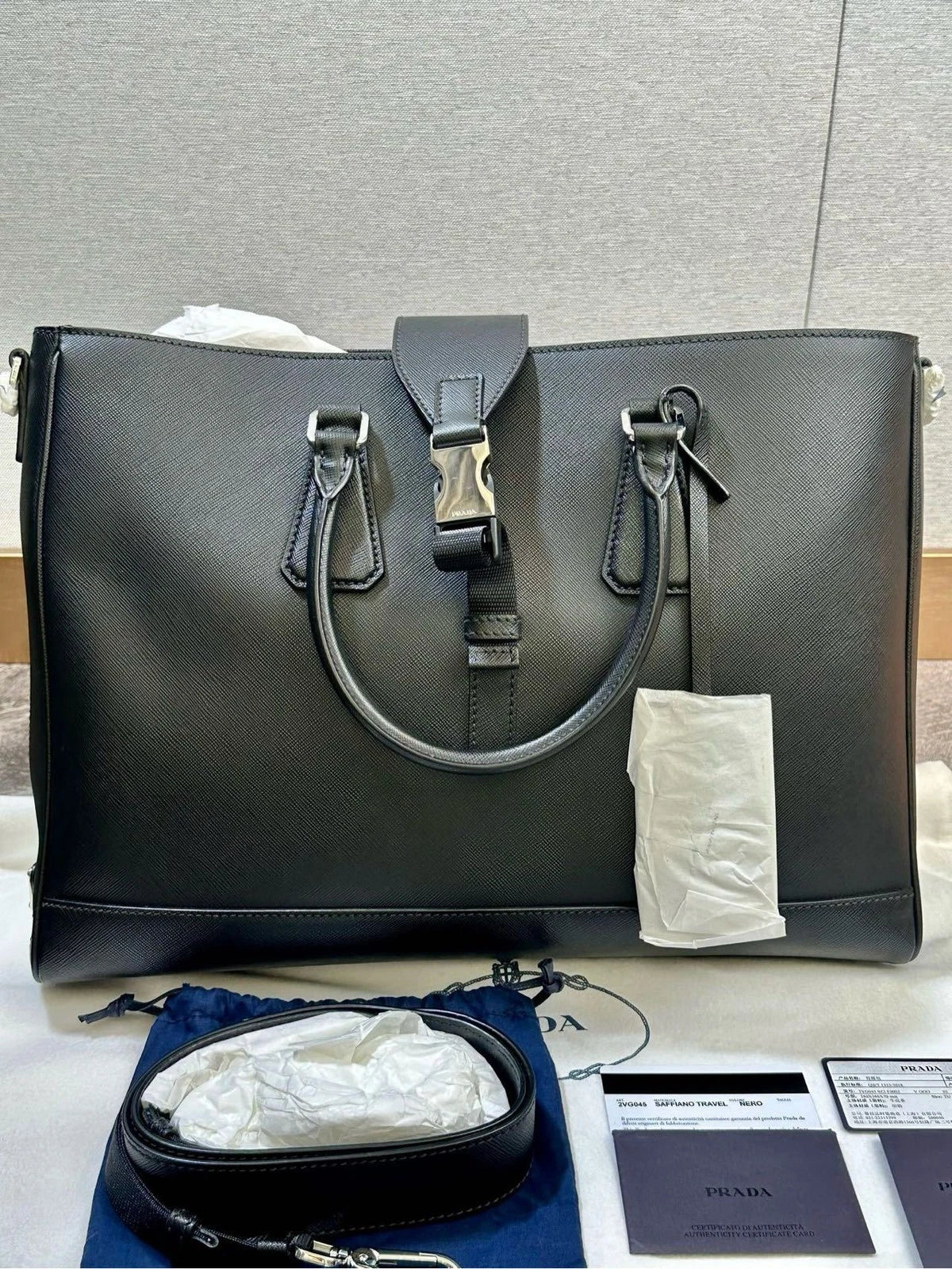 Prada Black Crossgrain Leather Tote Handbag Shoulder Crossbody Women