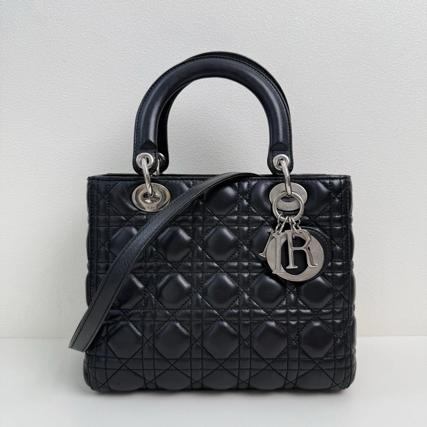 Dior Lady Dior Lambskin Black Crossbody Top Handle Excellent