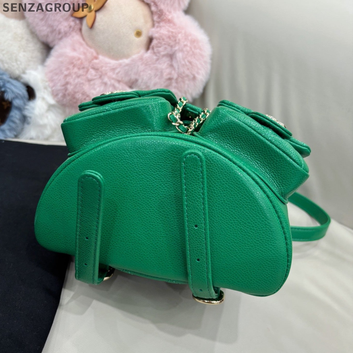 Chanel Duma PM Calfskin Chain Backpack Green Gold Diamond Women Classic