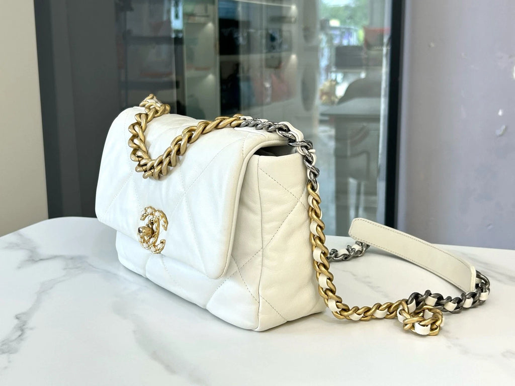 CHANEL 19Bag Small White Gold Lambskin Chain Shoulder Bag For Women