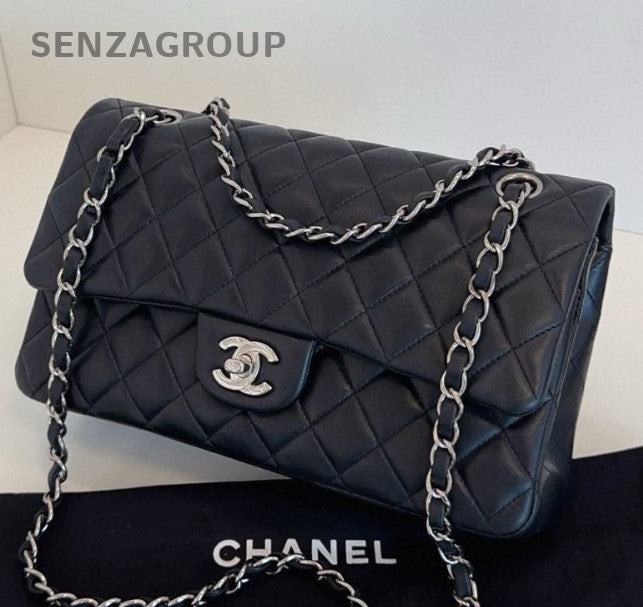 Chanel Classic Flap MM Lambskin Chain Shoulder Bag Crossbody Black Silver Women