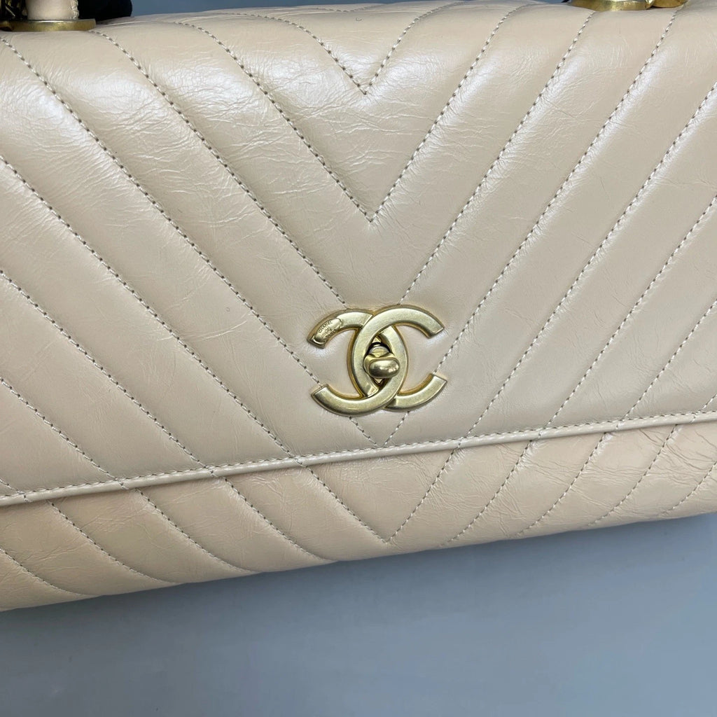 Chanel Coco Handle Calfskin Chevron Top Handle Bag Shoulder Bag Beige Women