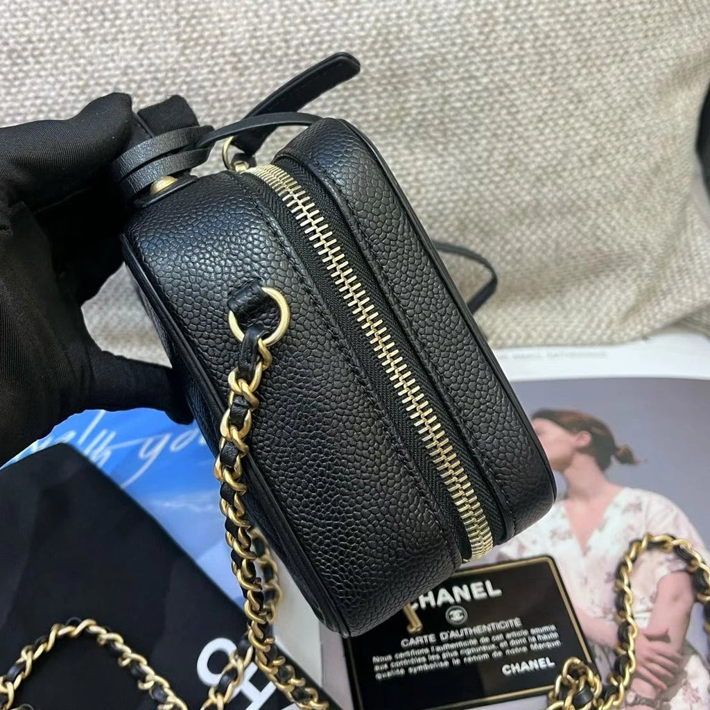 Chanel Vanity Case PM Chain Top Handle Crossbody Black Gold Women Diamond
