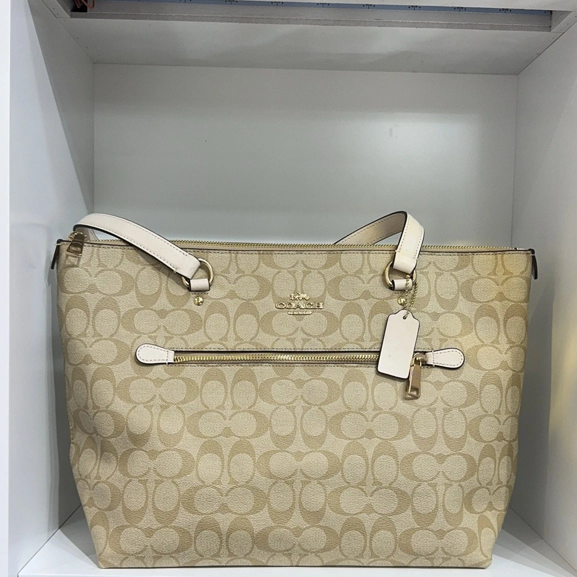 Coach Beige Canvas Monogram Tote Shoulder Handbag For Women