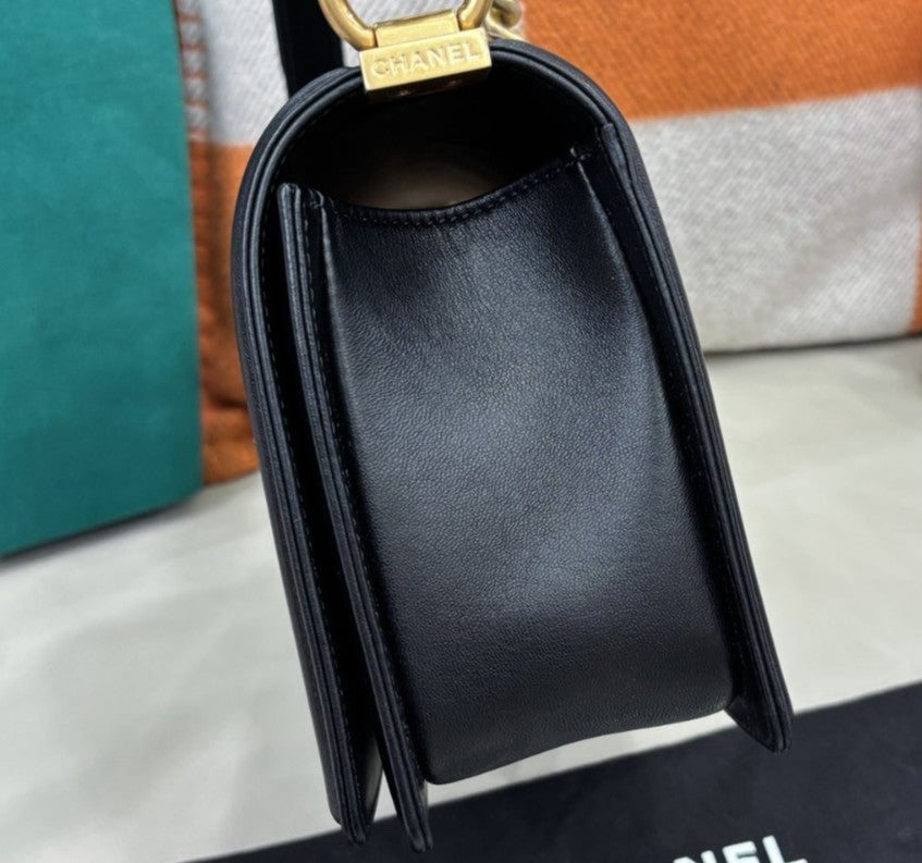 Chanel Leboy MM Lambskin Chain Shoulder Bag Black Gold Diamond Women Classic
