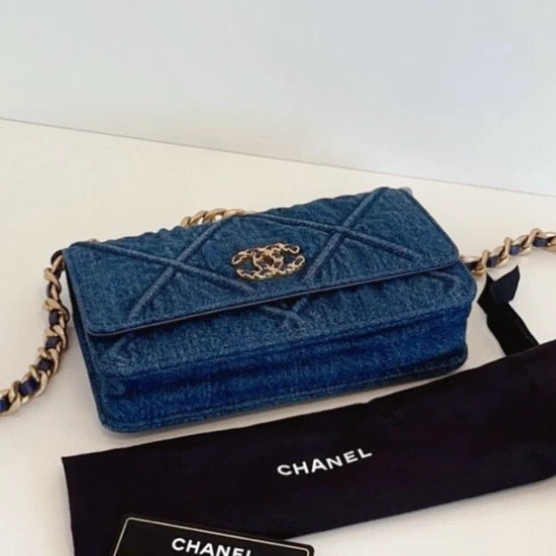 Chanel 19Bag WOC Denim Chain Top Handle Crossbody Blue Gold Women Classic