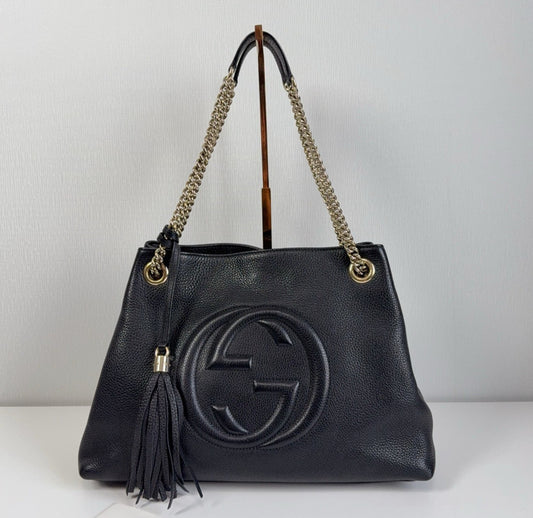 Gucci Tote Tassel Chain Calfskin Shoulder Bag Black Gold Women Classic