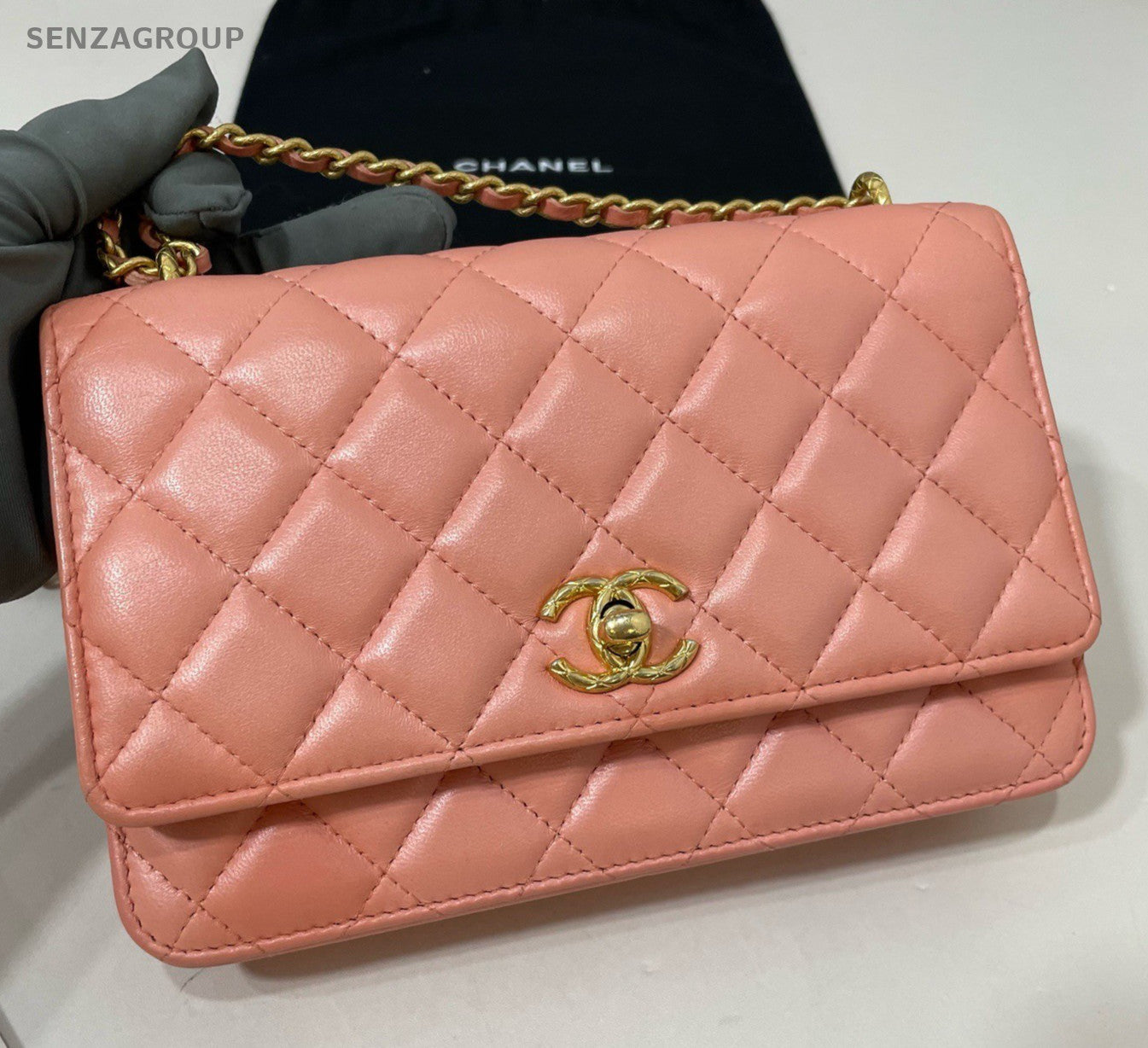 Chanel WOC Chain Lambskin Shoulder Bag Crossbody Pink Gold Women Classic