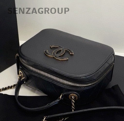 Chanel Camera Case Calfskin Top Handle Bag Chain Crossbody Black Gold Women