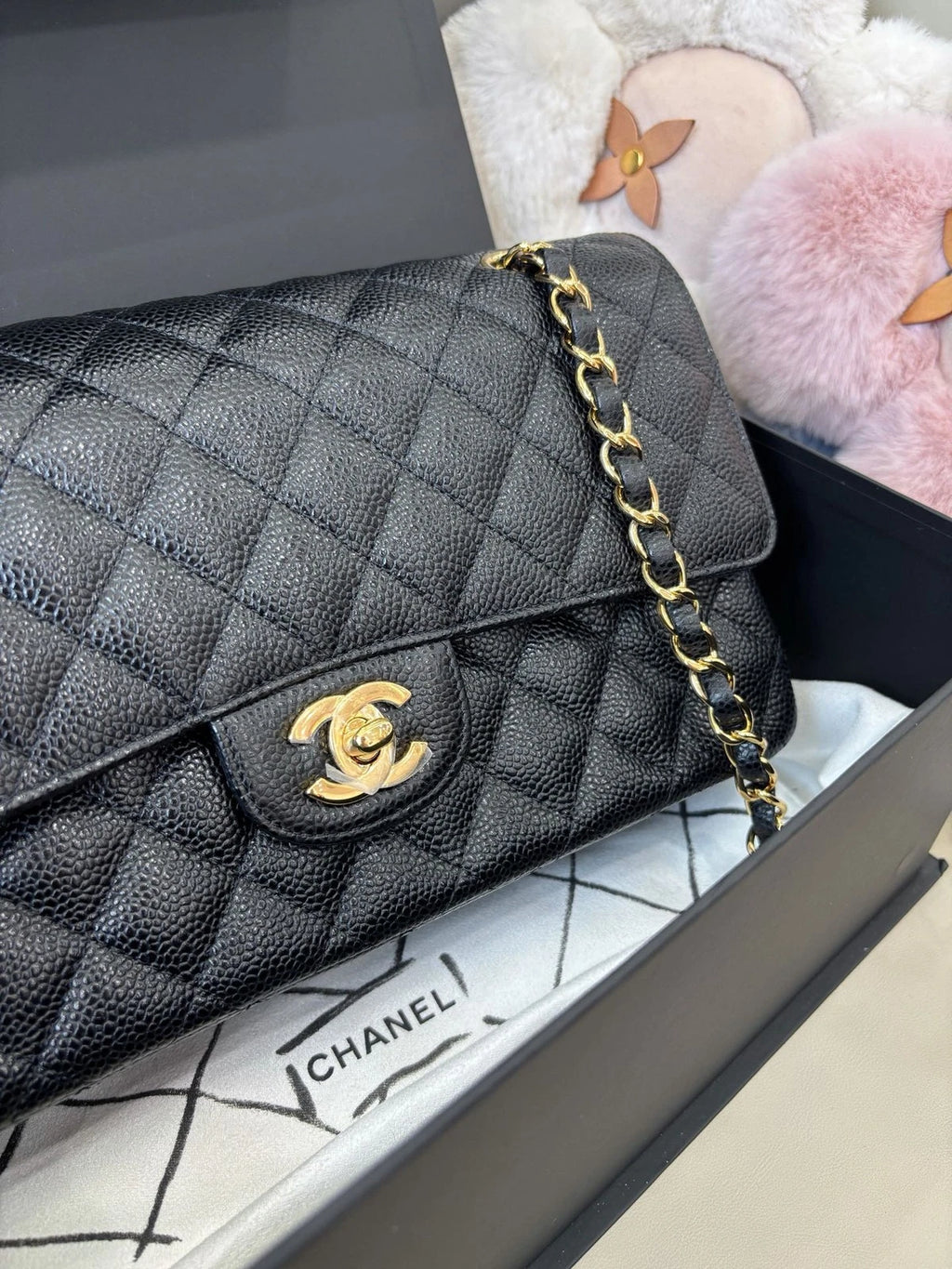 Chanel Classic Flap MM Calfskin Chain Shoulder Crossbody Black Gold Women