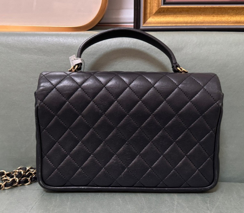 Chanel Calfskin Diamond Chain Top Handle Crossbody Black Gold Women Classic
