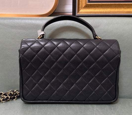 Chanel Calfskin Diamond Chain Top Handle Crossbody Black Gold Women Classic