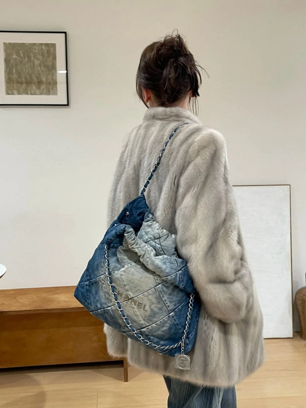 Excellent Chanel 22Bag PM Blue Denim Silver Chain Shoulder Bag Crossbody