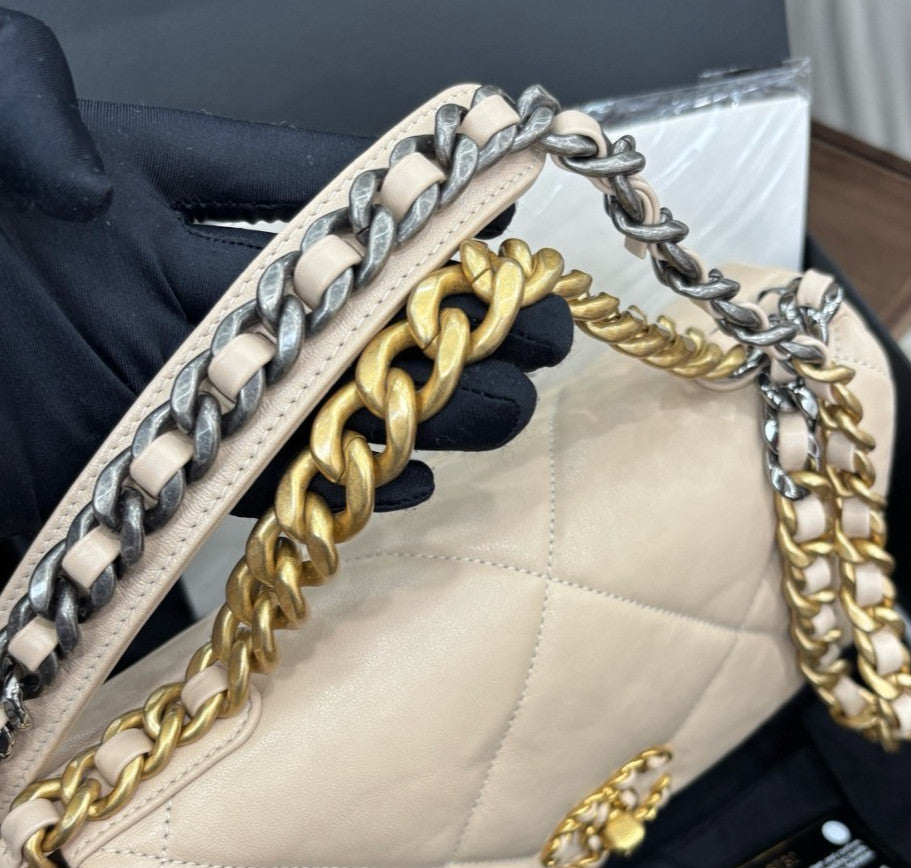 Chanel 19Bag PM Chain Shoulder Bag Crossbody Beige Gold Women Classic Fashion