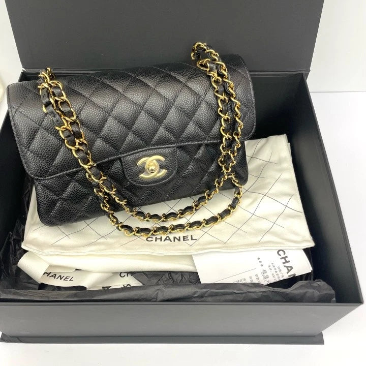 CHANEL Small Double Flap Black Caviar Leather Shoulder Bag For Women