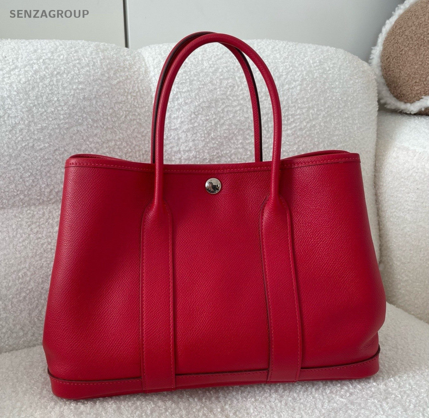 Hermes Garden Party30 Top Handle Bag Red Silver Used Women Classic Fashion