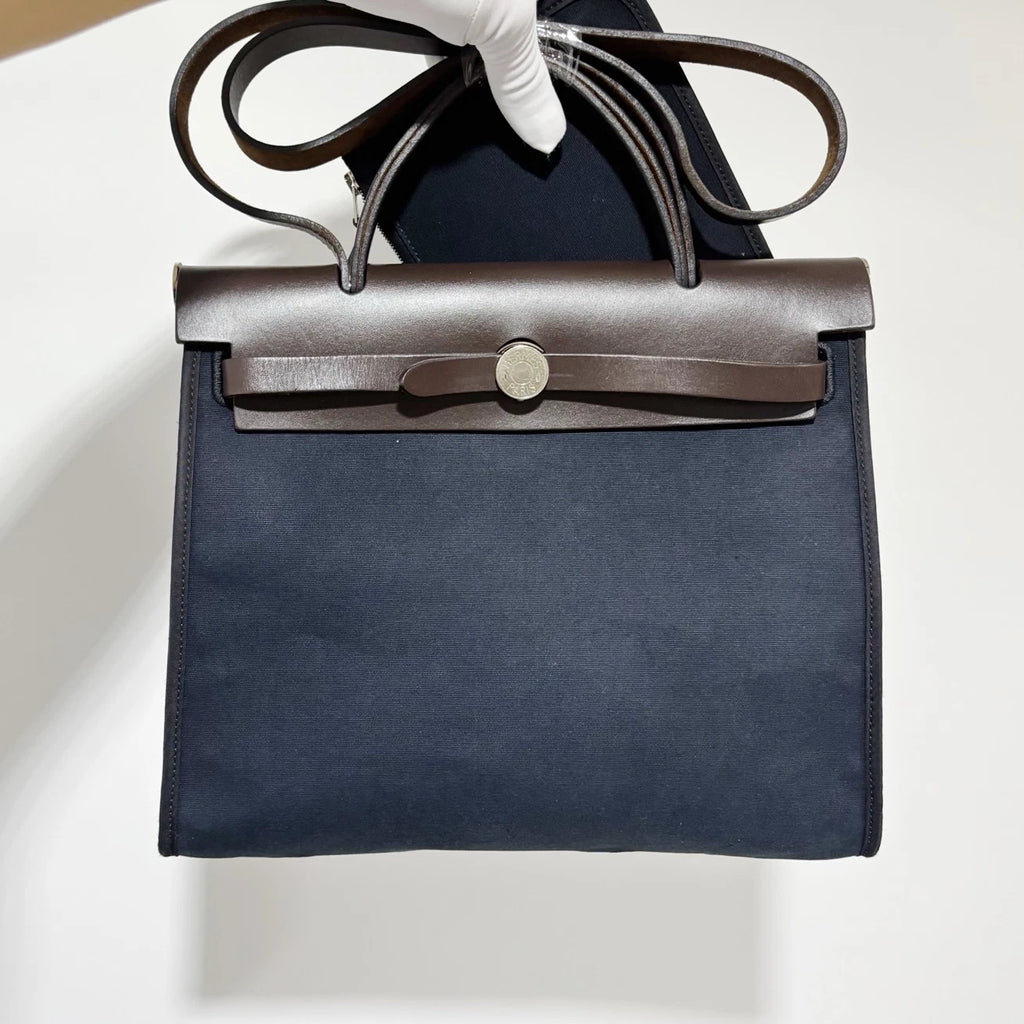 Hermes Herbag31 Navy Canvas Handbag Shoulder Bag Silver Hardware