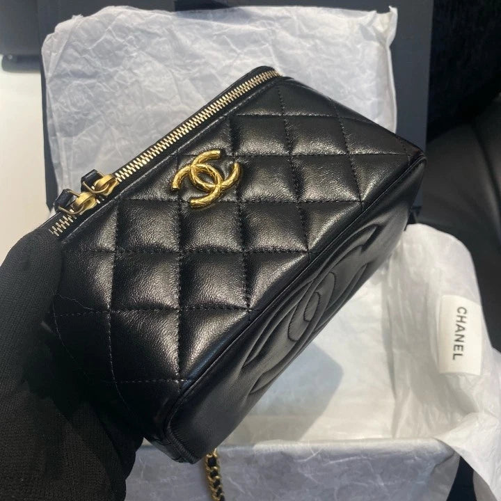 Chanel Vanity Black Gold Shoulder Bag Crossbody Excellent