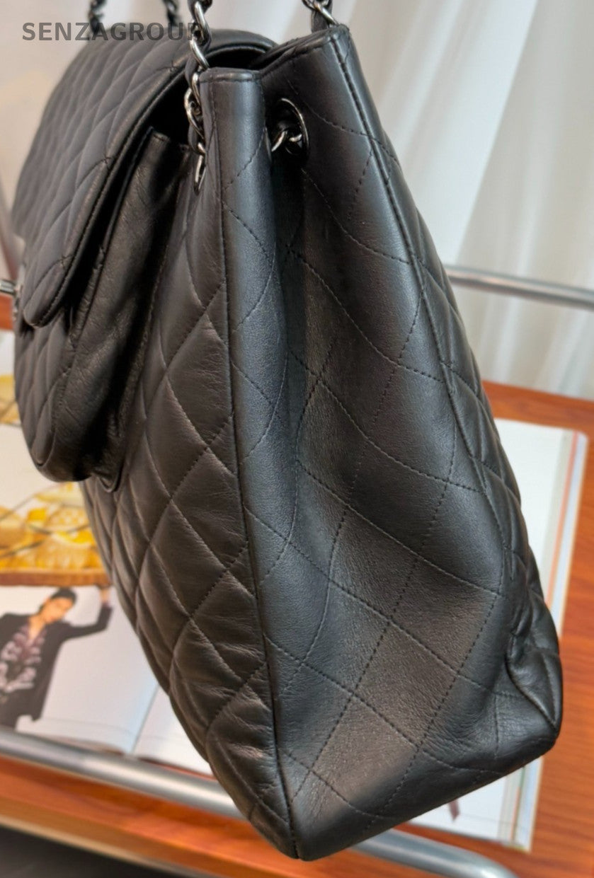 Chanel Tote Calfskin Chain Shoulder Bag Black Silver Diamond Pattern Used Women