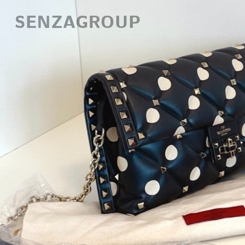 Valentino Polka dots Vintage Chain Shoulder Bag Crossbody Black White Women
