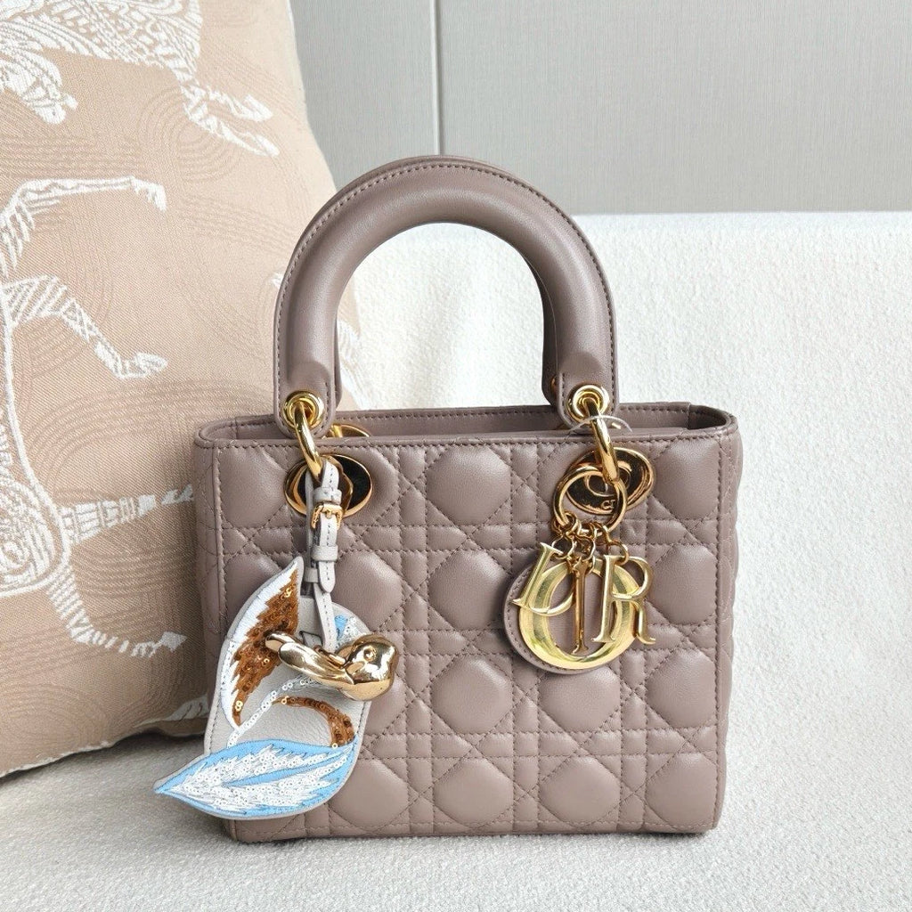Christian Dior Lady Dior Lambskin Top Handle Crossbody Beige Gold Women Classic