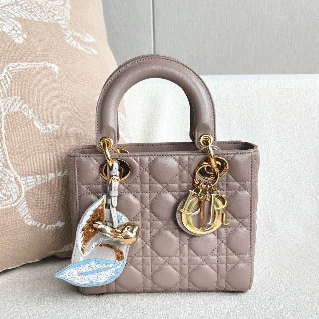 Christian Dior Lady Dior Lambskin Top Handle Crossbody Beige Gold Women Classic