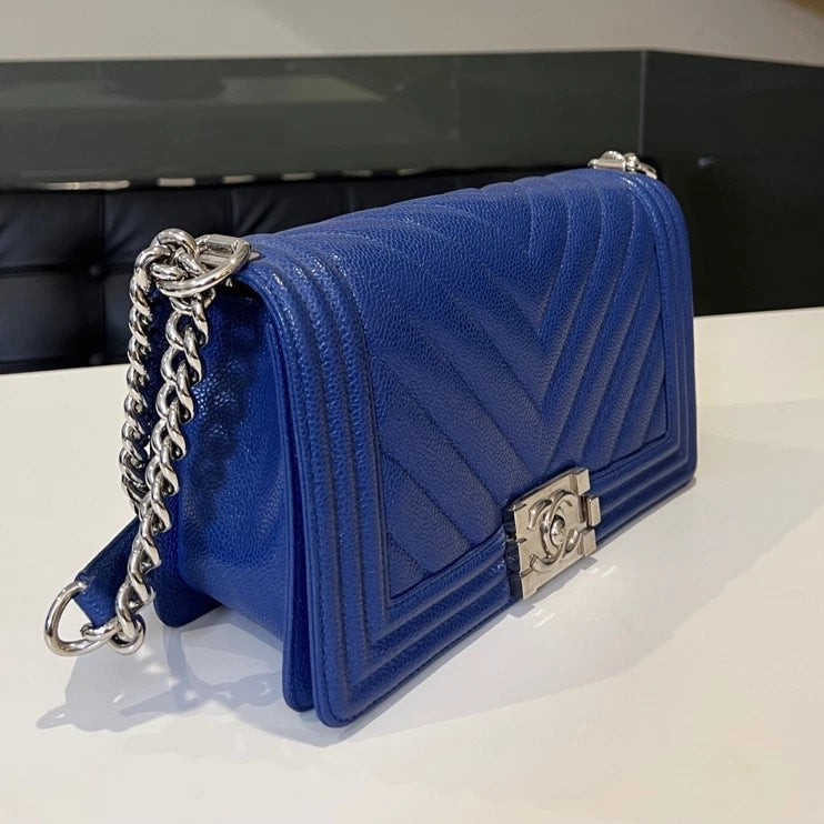 Chanel Le Boy Medium Chevron Chain Shoulder Bag Blue Silver Classic