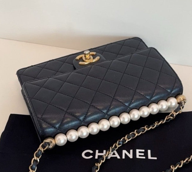 Chanel Classic Flap Pearl Chain Shoulder Bag Crossbody Black Gold Women Fashion