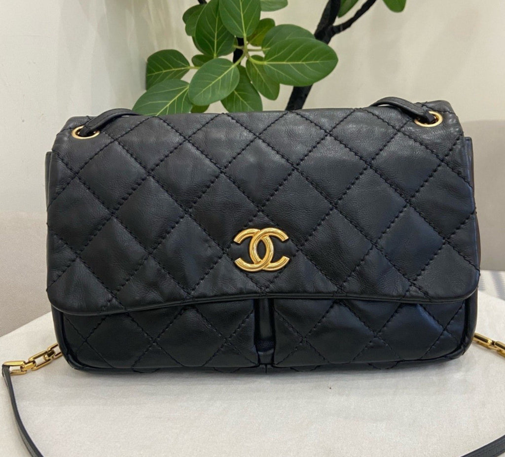 Chanel Classic Flap Chain Shoulder Bag Black Gold Diamond Women Designer