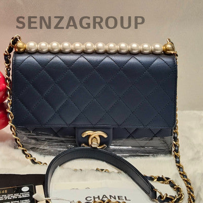 Chanel Blue Quilted Caviar Pearl Chain Shoulder Bag Gold Hardware
