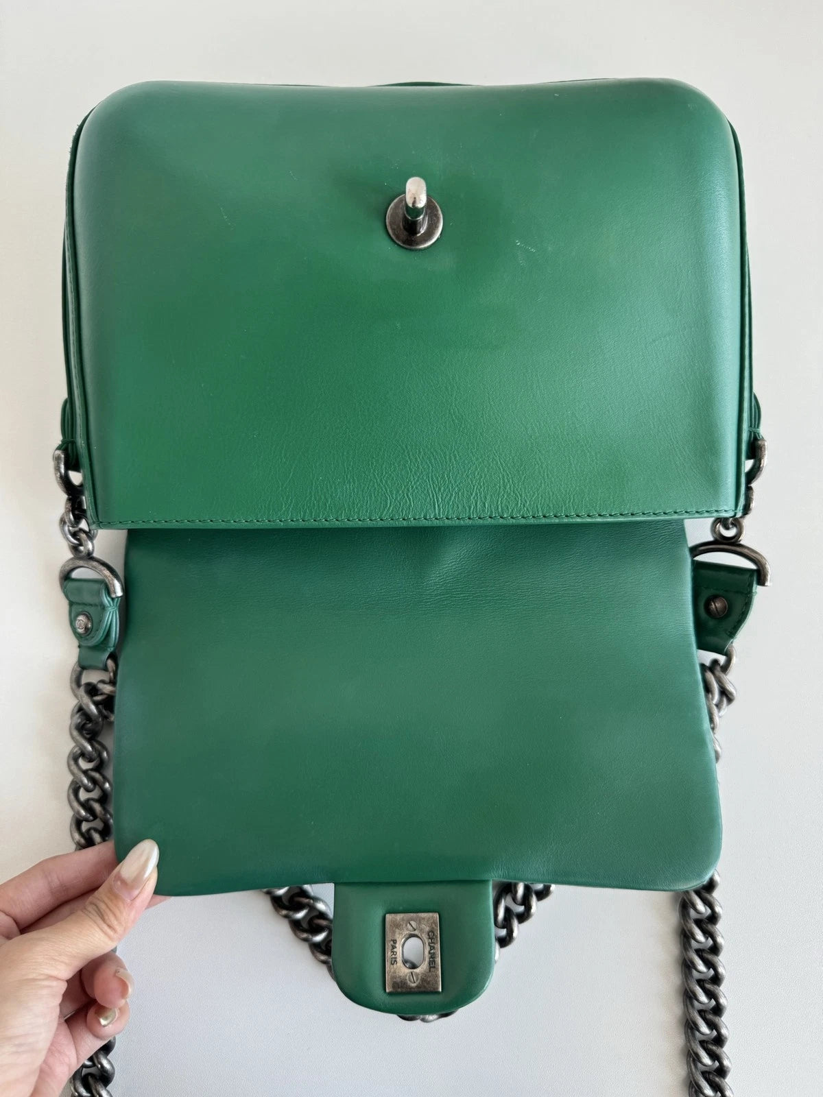 Chanel Classic Flap Calfskin Chain Shoulder Bag Crossbody Green Silver Women