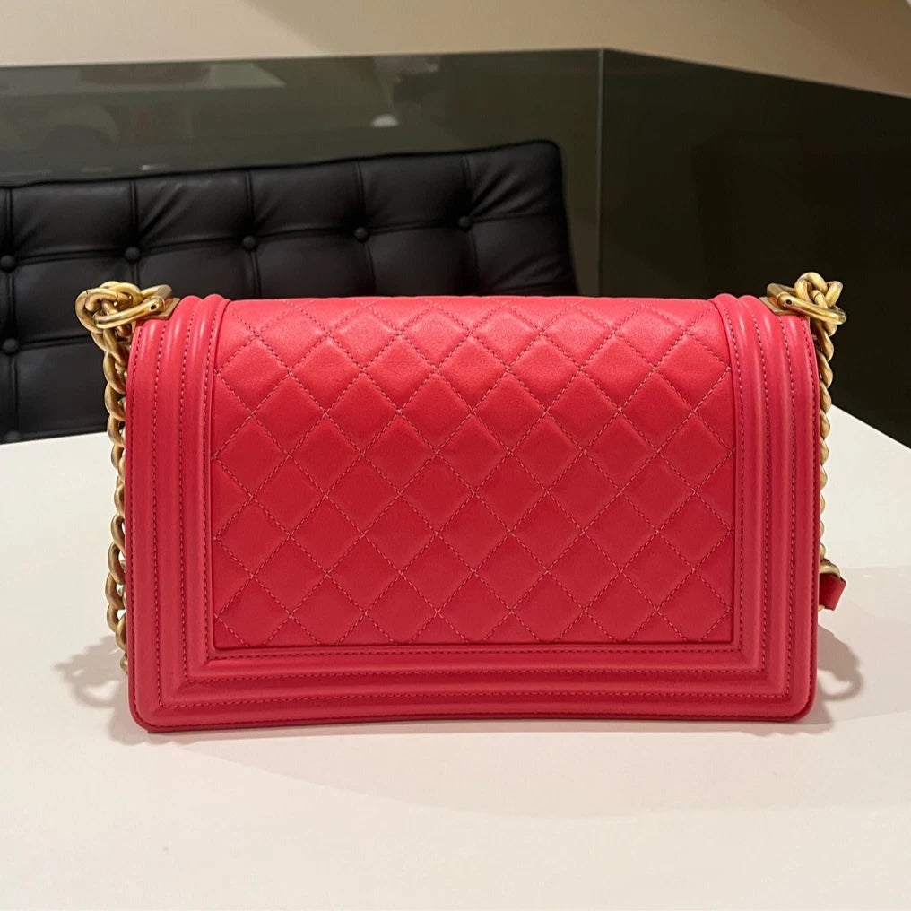 Chanel Le Boy Medium Chain Shoulder Bag Pink Gold Classic Women's