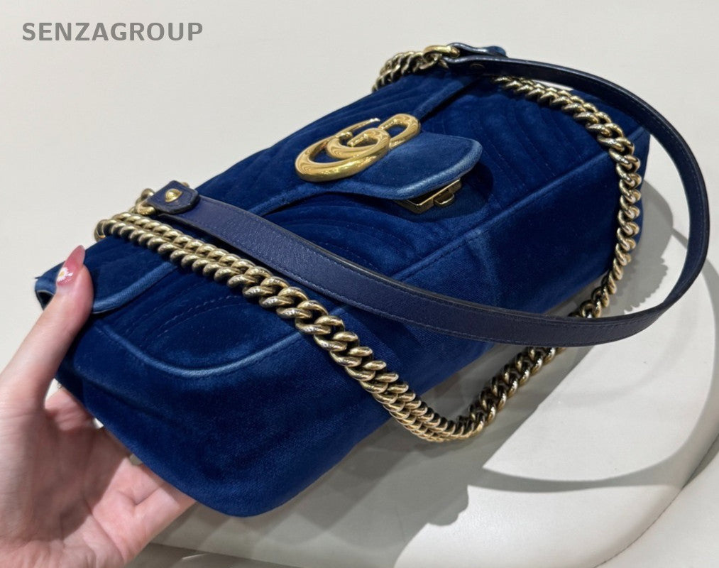 GUCCI GG Marmont 26 velvet Chain Shoulder bag Crossbody Blue Gold Women Classic