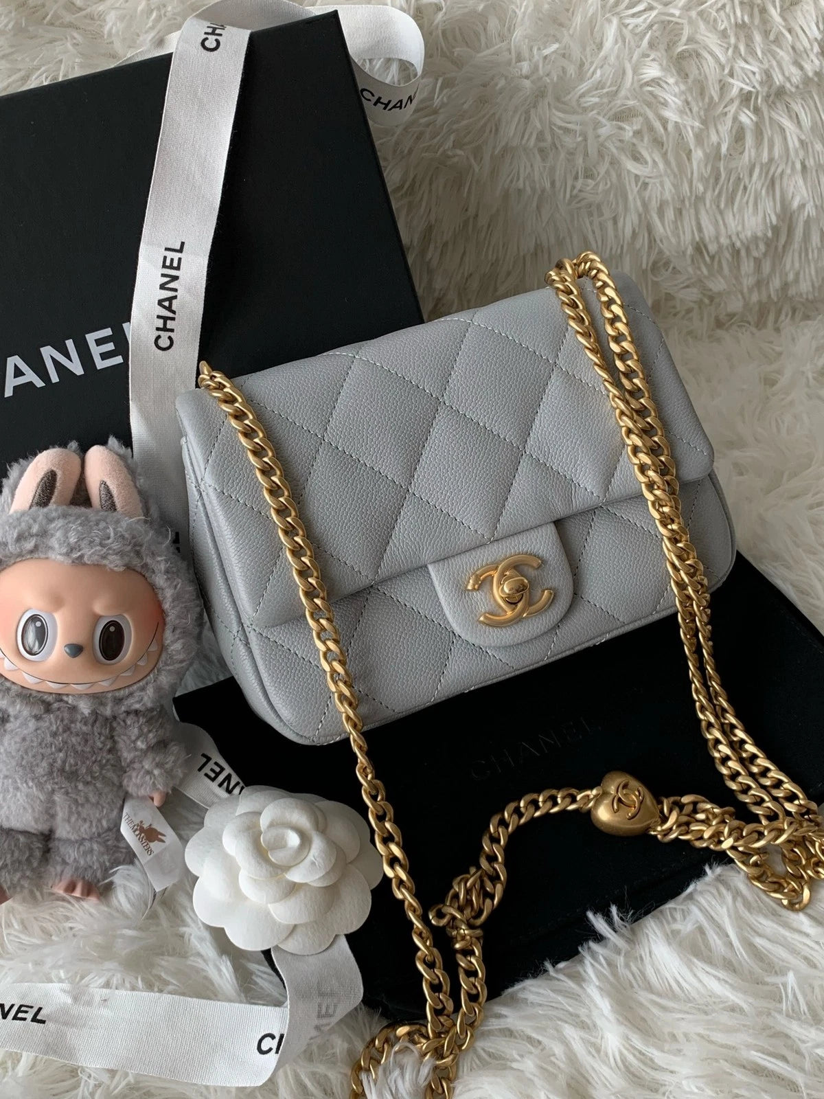 CHANEL Heart 20cm Gray Leather Crossbody Bag For Women