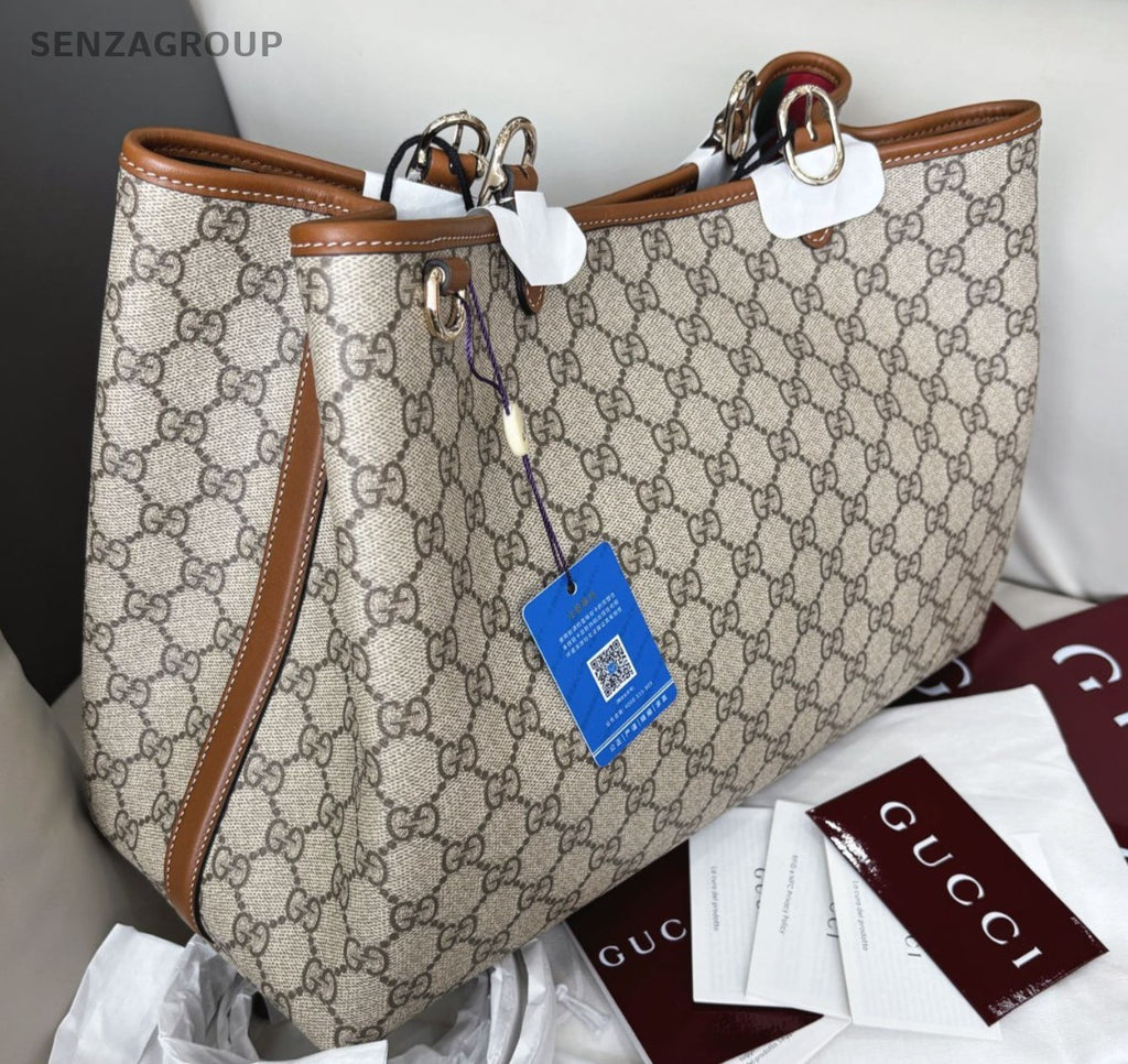 Gucci Emblem GM Shoulder Tote Bag Gray Women Brand New