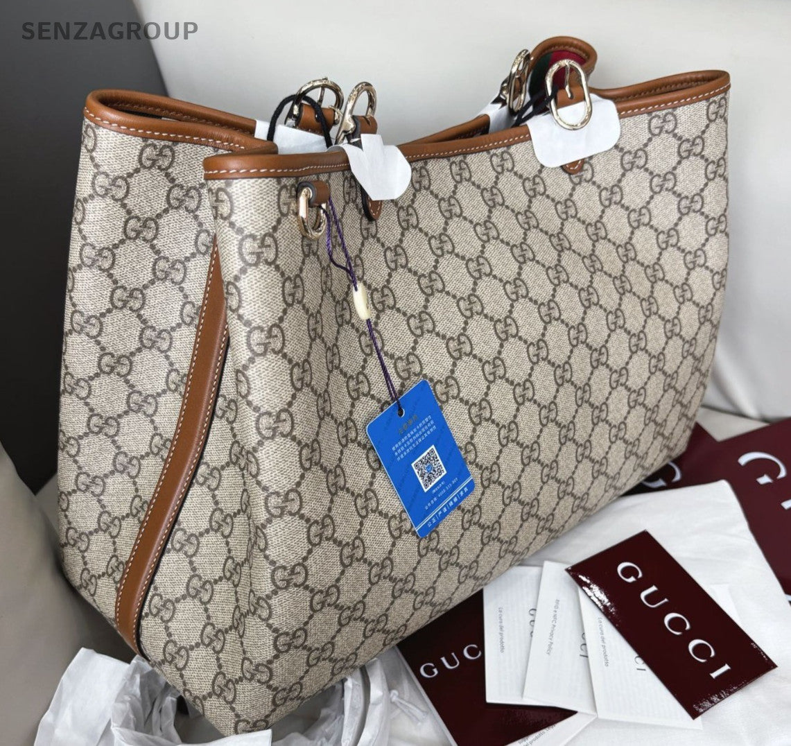 Gucci Emblem GM Shoulder Tote Bag Gray Women Brand New