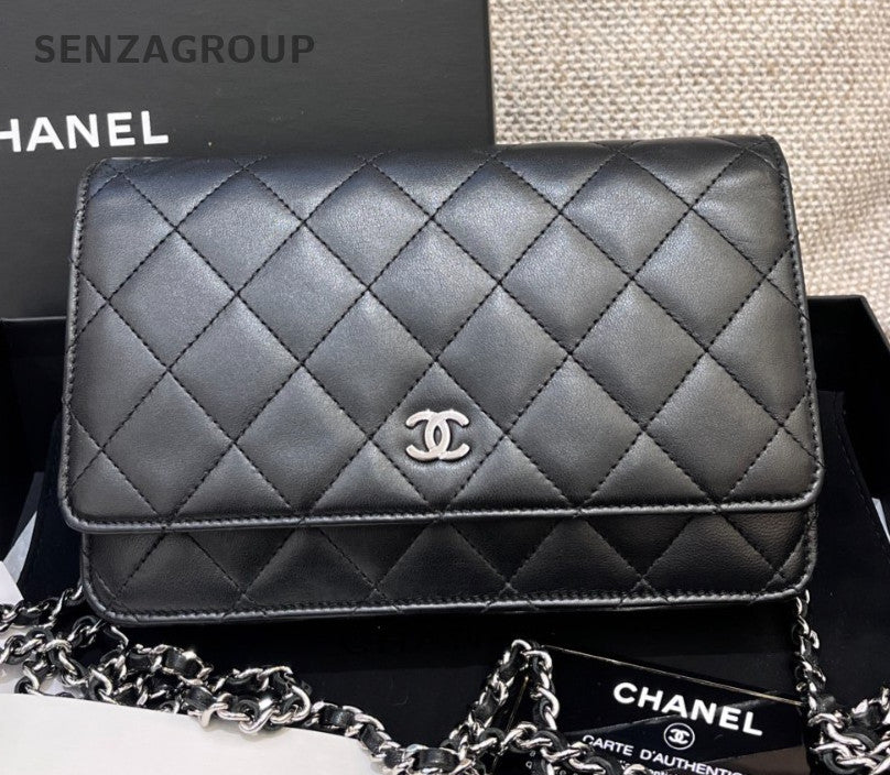 Chanel WOC Chain Crossbody Shoulder Bag Black Silver Women Diamond Classic
