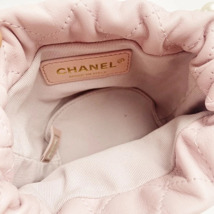 CHANEL Pink Mini Pearl Chain Drawstring Bucket Bag For Women