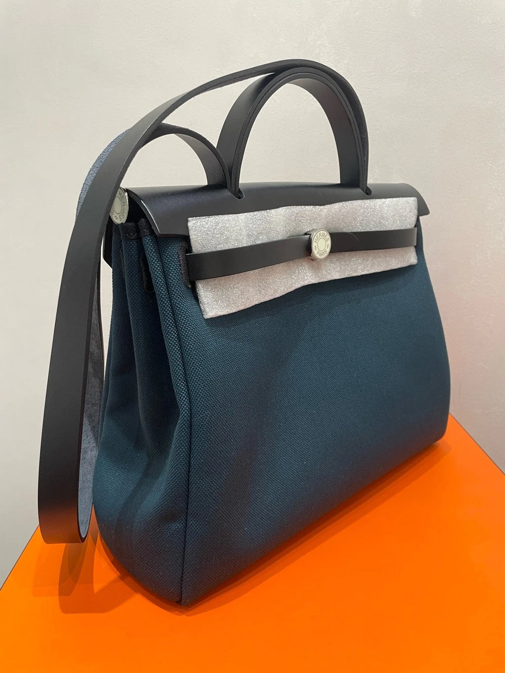 Authentic Hermes Herbag31 Canvas Tote Bag Navy Black For Women