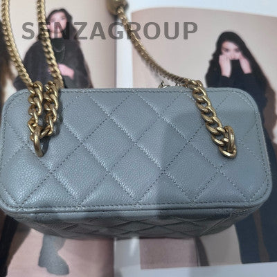Chanel Grey Gold Calfskin Chain Shoulder Crossbody Bag Quilted Pattern